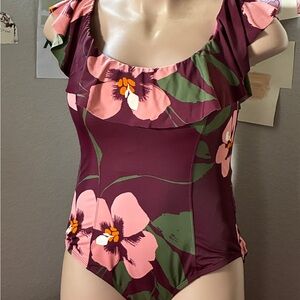 Floral Ruffle One-Piece Swimsuit — Berry Pink & Green